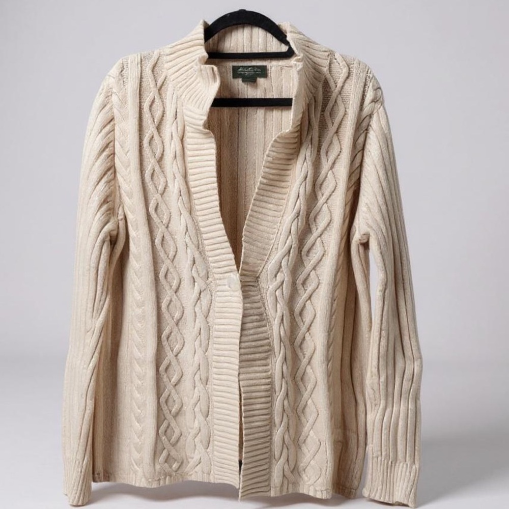 Eddie‎ Bauer White Cream Cable Knit Wool Bland Cardigan Sweater Size XXL